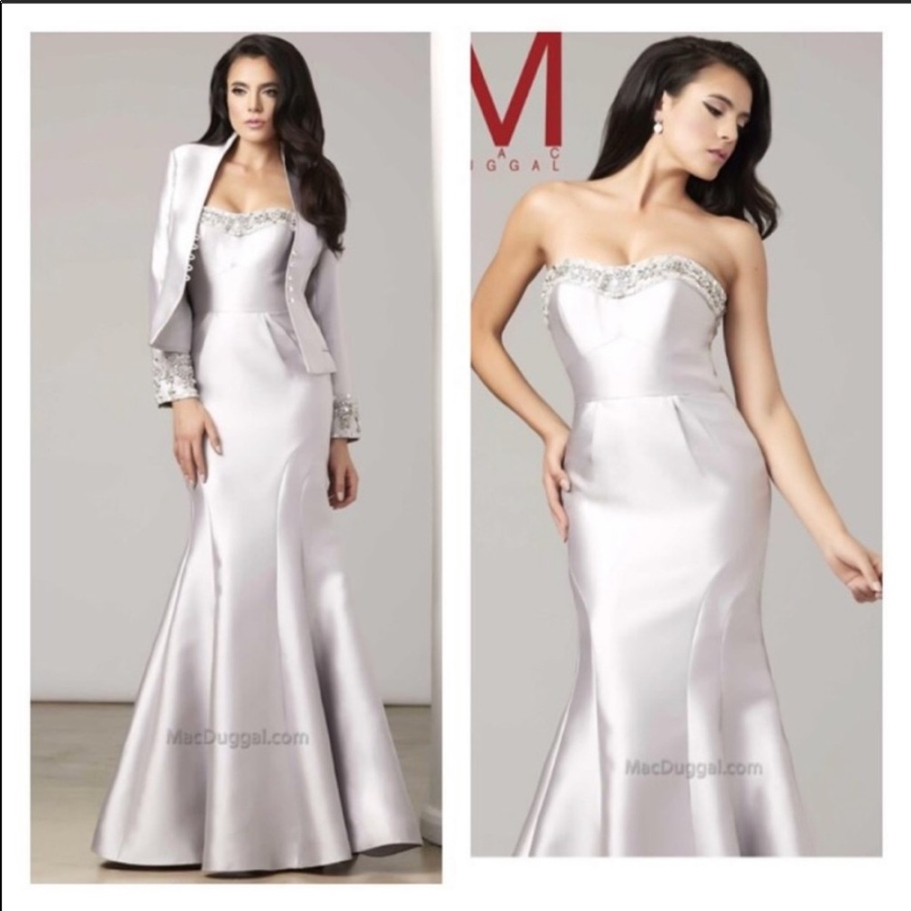 Mac Duggal Silver Beaded mermaid dress with jacket